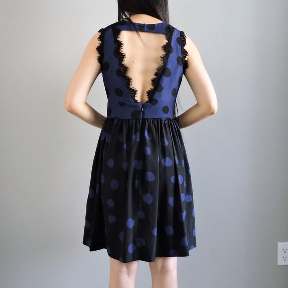 Corey Lynn Calter Blue Black Polka Dot Open Back Sleeveless Dress w/ Lace Edge - Picture 6 of 11